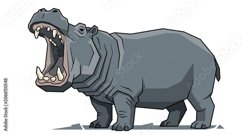 A minimalist, full-body flat vector illustration of a hippopotamus with its mouth wide open, showcasing its powerful teeth and an aggressive posture