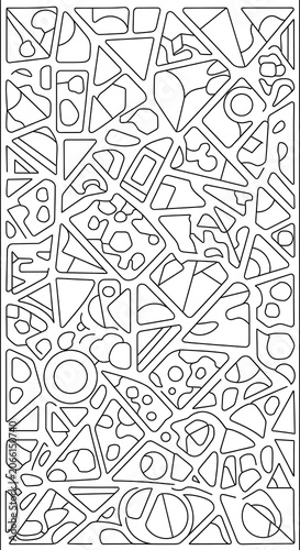 A black and white line drawing of a dense arrangement of various geometric shapes