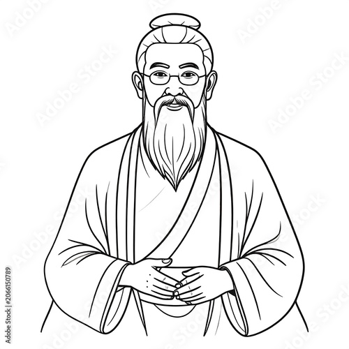 A black and white line drawing of a man with a long beard and glasses wearing a robe