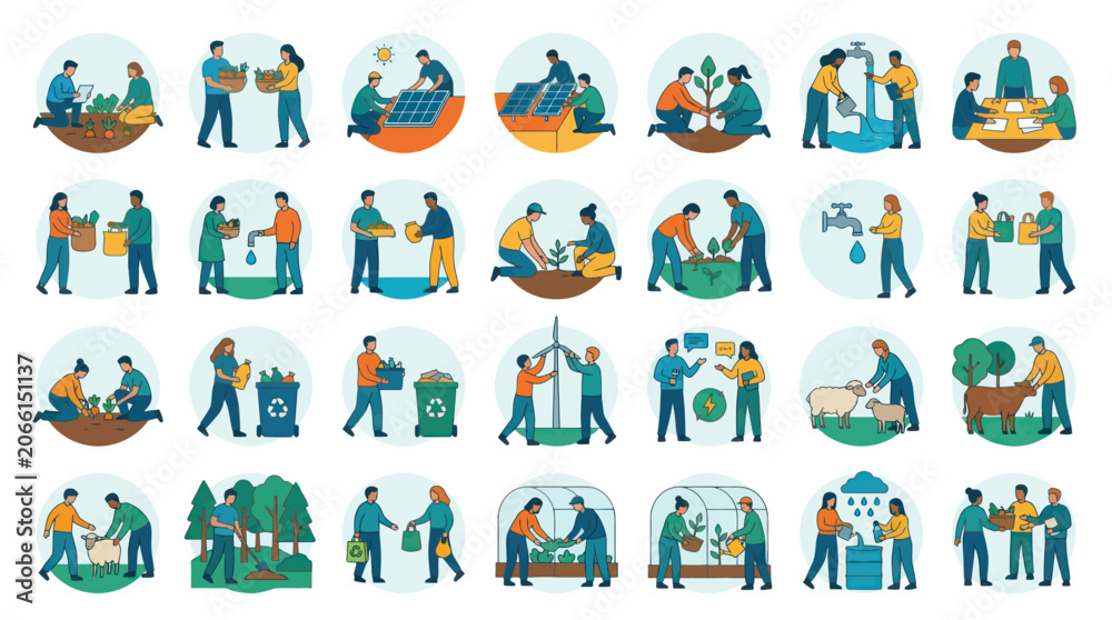 Fototapeta premium Flat Design Vector Illustration Set: Environmental Sustainability, Green Living, Eco-friendly Activities Concepts