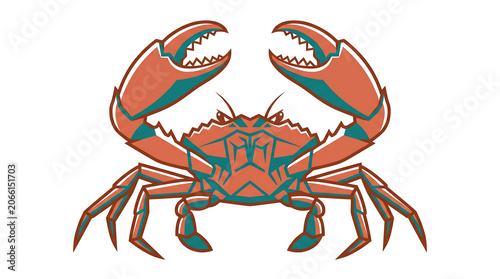 Flat vector illustration of a crab with open claws in a striking pose on a white background
