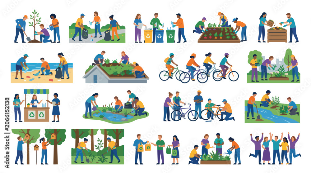 Naklejka premium Diverse People Doing Environmental Activities Together, Flat Style