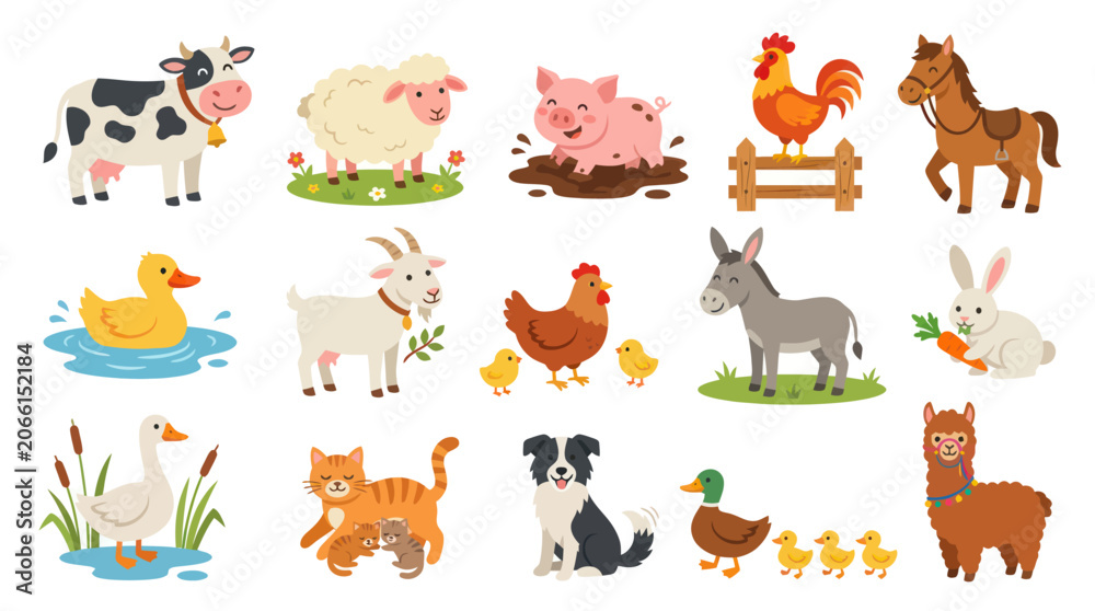 Fototapeta premium Cute Farm Animals Collection: Cow, Pig, Sheep, Horse, Donkey, Chicken, Duck, Cat, Dog
