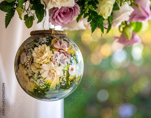 A beautiful floral arrangement hangs from a white curtain