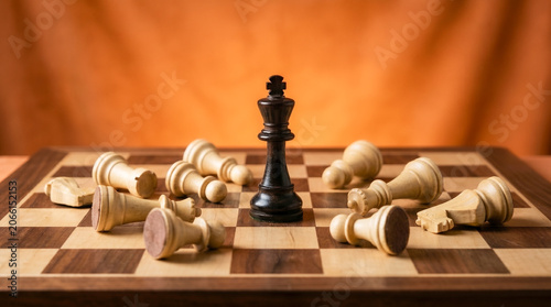 Foto Lone black king stands victorious and upright on the chessboard, completely surrounded by scattered, fallen white opponent pieces against a warm, dramatic orange background