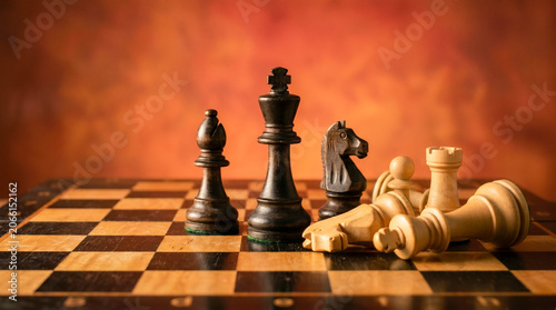 Photos Black king stands tall alongside a bishop and knight, dominating the wooden chessboard next to scattered, defeated white chess pieces under warm lighting