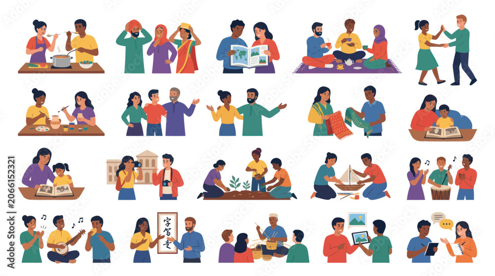 Fototapeta premium Flat Vector Illustration of Diverse People Engaging in Social Activities and Community Life