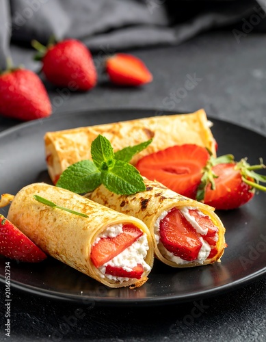 A black plate holds rolled crepes filled with cream and strawberries, garnished with mint