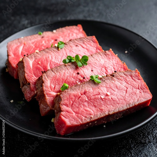 A black plate holds three slices of pink meat garnished with green herbs on a dark background