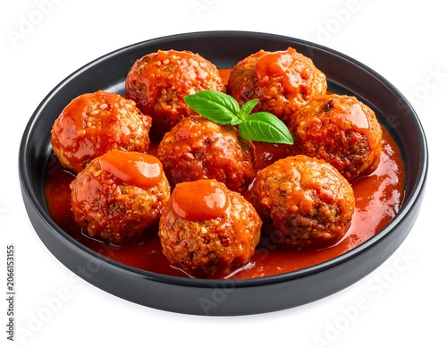 A black plate of savory meatballs in rich red sauce with basil