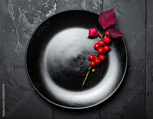 A black plate with white gradient decoration and red berries on a dark surface