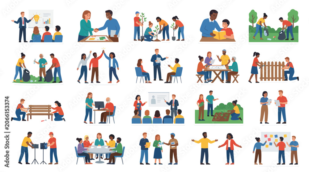 Fototapeta premium Diverse People Flat Vector Illustrations: Business, Education, Teamwork Community Engagement