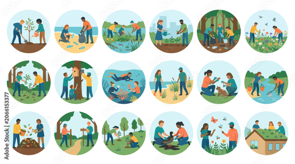 Fototapeta premium People Volunteering for Environmental Protection Nature Conservation - Flat Vector Illustrations Set