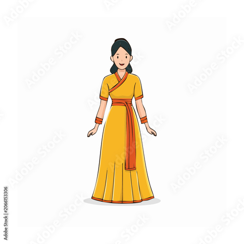 Woman in Yellow Traditional Dress with Orange Sash