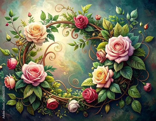 A beautiful floral wreath with pink roses, green leaves, and delicate vines