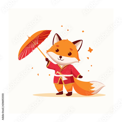 Cute fox in traditional Japanese clothing holding an umbrella