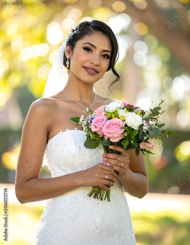 A beautiful woman in a white wedding dress holding a bouquet