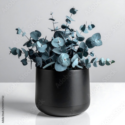A black pot filled with blue-green eucalyptus leaves on a white surface