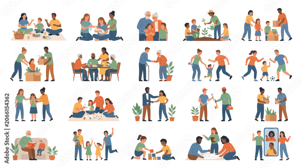 Fototapeta premium Flat Vector Illustration Set: Diverse Families, People, and Community Engaged in Social Interaction and Support Concepts