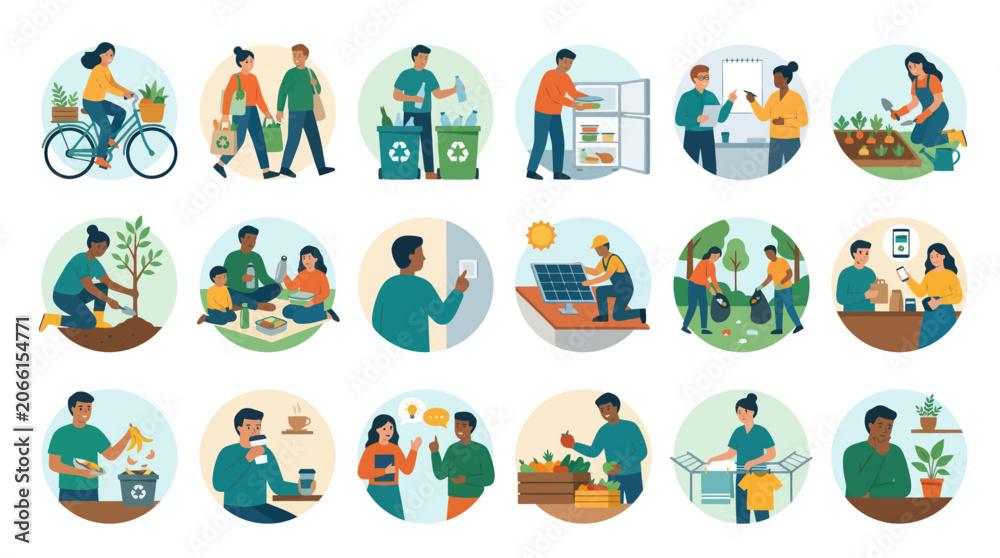 Fototapeta premium People Practicing Environmental Sustainability Green Living. Flat Vector Icons of Eco-friendly Activities Sustainable Lifestyle.