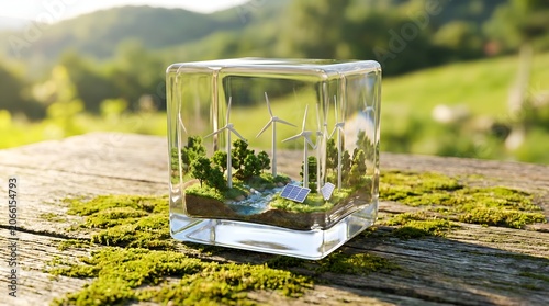 Sustainable Energy Ecosystem Miniature Glass Cube with Wind Turbines and Solar Panels Outdoors