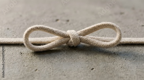 Cream cotton shoelace tied in a neat bow knot on textured concrete surface
