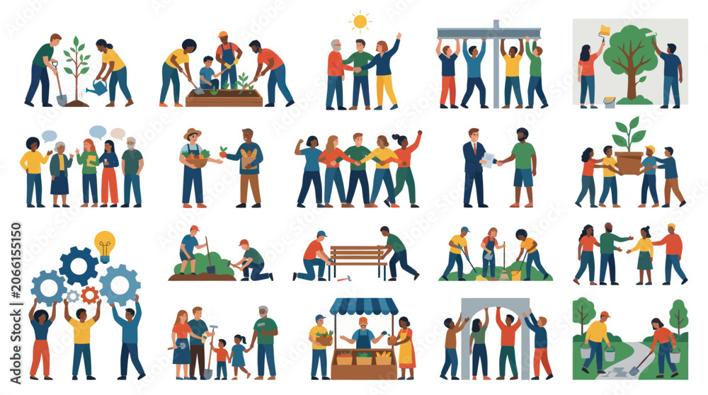 Fototapeta premium Diverse People Collaborating and Community Activities Flat Vector Icons