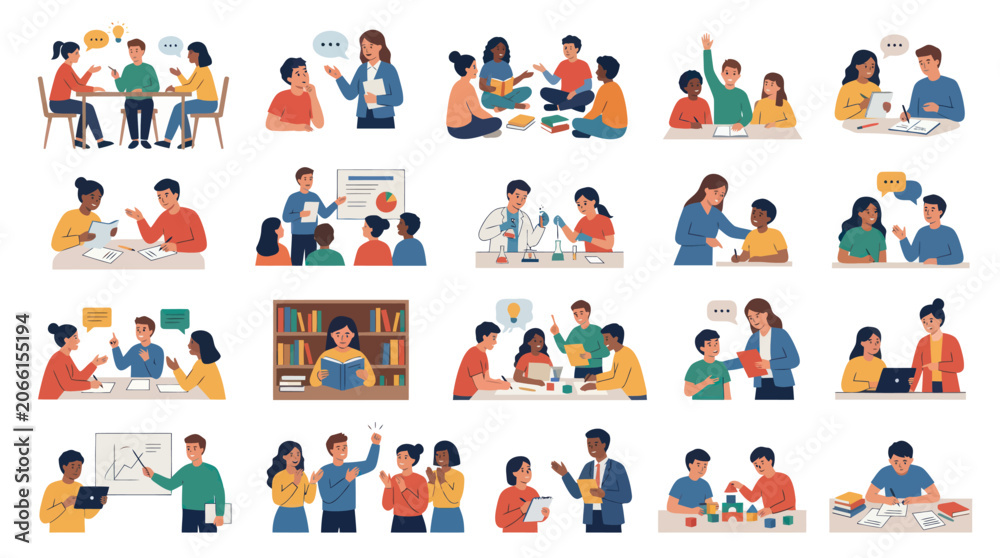 Fototapeta premium Flat Education and Learning Illustrations: Diverse Students, Teachers People in School Study Activities