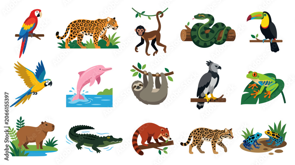Fototapeta premium Colorful Flat Vector Illustration of Amazon Rainforest Animals and Jungle Wildlife Set