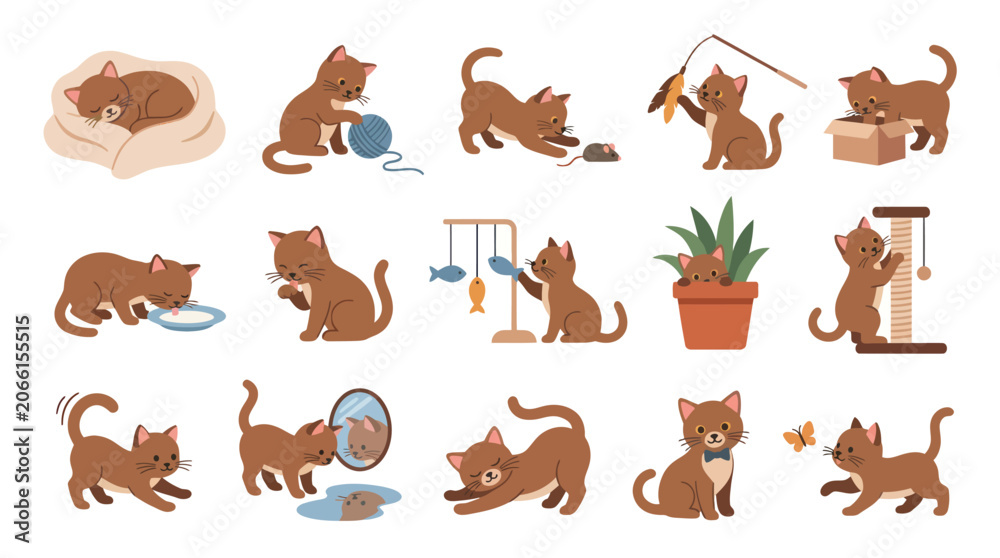 Fototapeta premium Cute Cartoon Kittens Playing with Toys, Scratching Post, Yarn, and Catnip