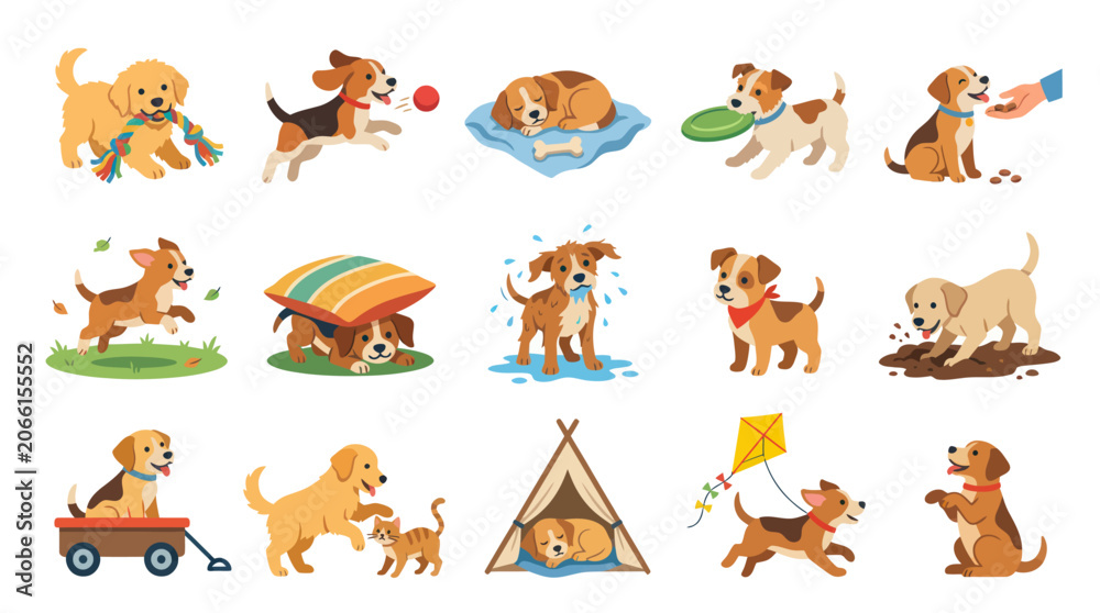 Obraz premium Flat Style Vector Illustration of Adorable Dogs and Puppies Playing