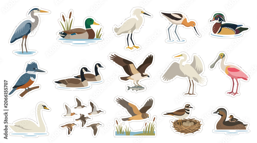 Fototapeta premium Flat Design Illustration of Various Water Birds on White Background