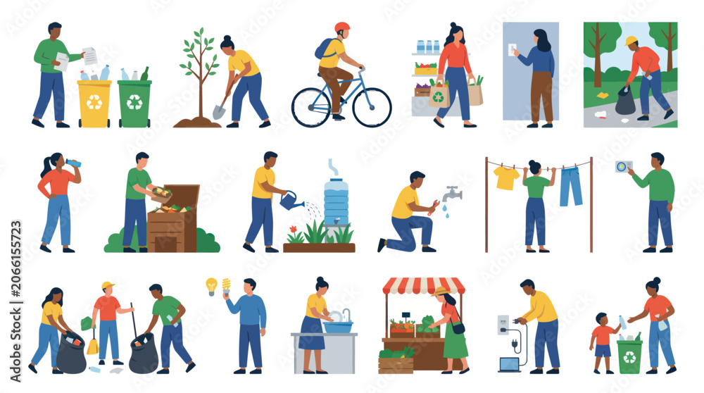Fototapeta premium Sustainable Green Living Flat Vector Illustrations: Diverse People Practicing Eco-Friendly Environmental Habits