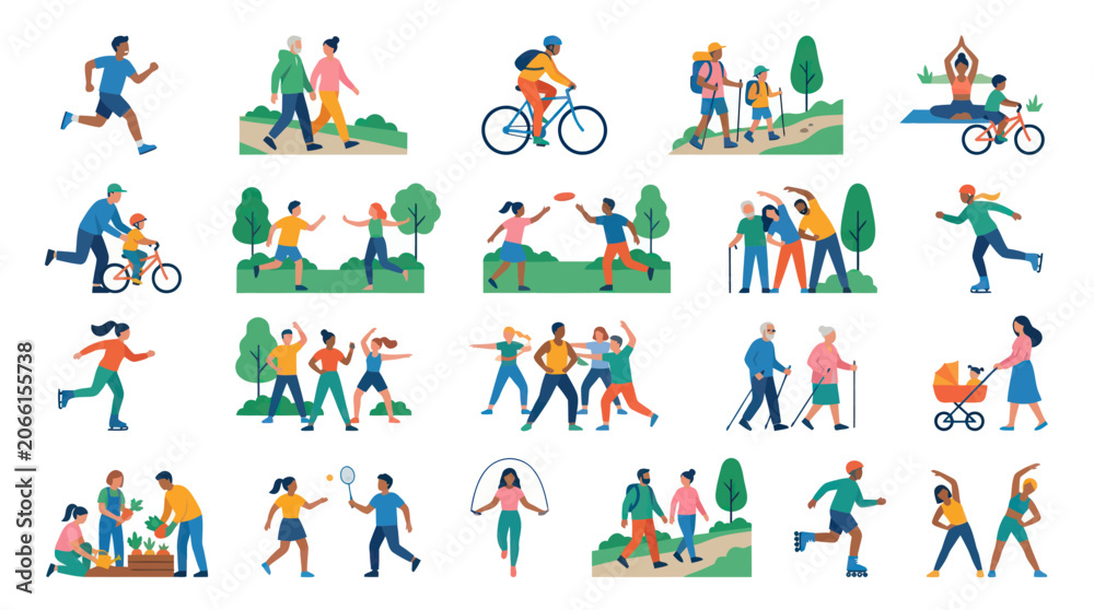Fototapeta premium People Physical Activity Flat Illustration: Diverse Characters Exercising, Sport, and Healthy Lifestyle for Health and Fitness