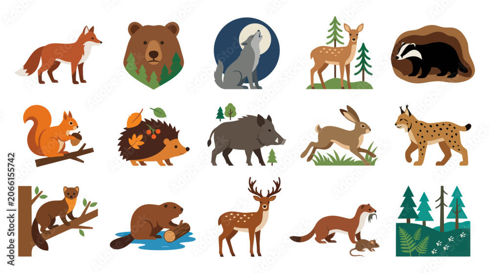 Obraz premium Flat Vector Wildlife Animals Set for Nature Education - Forest Woodland Creatures Collection Icons