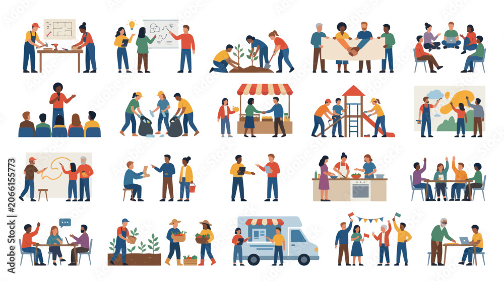 Fototapeta premium Community Volunteering and Social Responsibility: Flat Vector Illustration of Diverse Group Activities