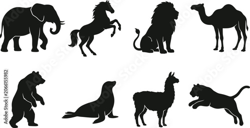 Photography Wild Animal Silhouettes Set Featuring Elephant Lion Camel Bear and Horse