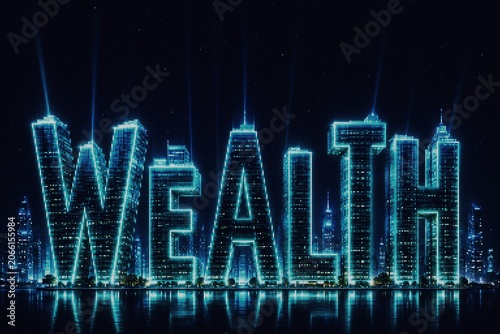 Wealth Word or Text in Glowing Buildings Form