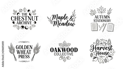 Bild auf Leinwand Autumnal Logo Collection: A compilation of six distinct logo designs, each featuring autumnal themes like leaves, acorns, wheat, and rustic typography