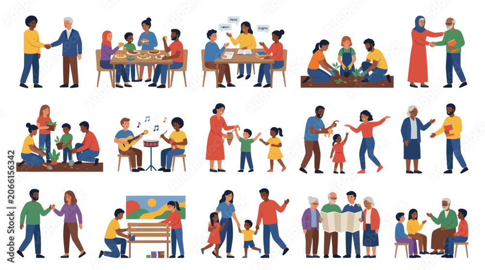 Fototapeta premium Flat Vector Illustration of Diverse People in Social Community Life, Family Relationship Activities