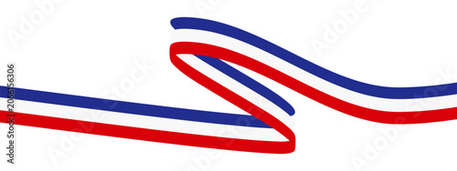 Tricolor ribbon wave. Red white blue stripes. Dynamic motion graphic. Festive event background. Simple elegant design. Bright color banner. Vector.