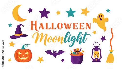Billede på lærred Happy Halloween Moonlight: A whimsical collection of iconic Halloween symbols including a smiling jack-o'-lantern, a spooky ghost, a witch's hat, a candy-filled cauldron, a bat, and a lantern