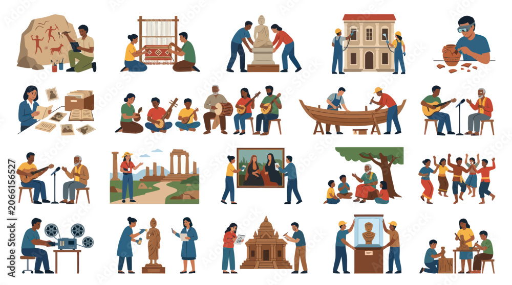Fototapeta premium Cultural Heritage, Arts, and History Flat Vector Illustrations: People Preserving, Learning, and Creating