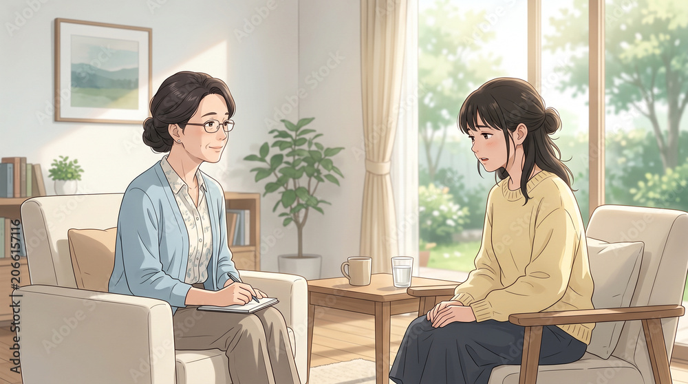 Obraz premium 心理士が相談者の話に耳を傾けるカウンセリングシーンです。柔らかな夏の光と落ち着いた室内空間が安心感を演出しています。
