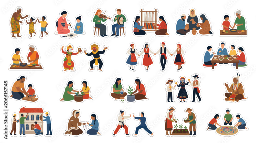 Fototapeta premium Diverse Global Culture Flat Vector Illustrations Set: People, Families, and Traditional Activities