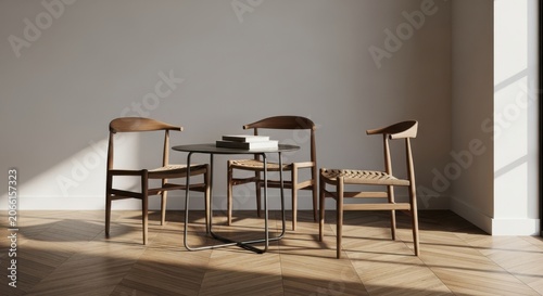 Modern minimalist dining set with four chairs and a round table