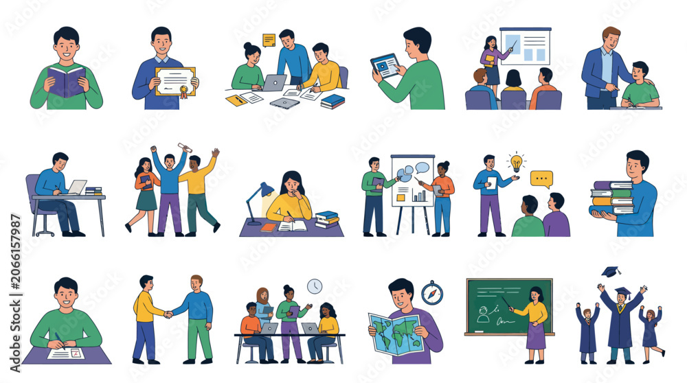 Fototapeta premium Education Learning Flat Vector Illustration Set Depicting Students, Teachers, Studying, and Academic Process