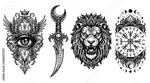 Tableau sur toile Mystical Symbols: Evil Eye, Dagger, Lion, Runes - Tattoo Designs