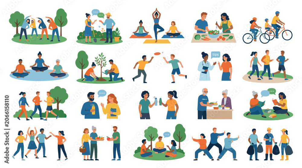 Fototapeta premium Healthy Lifestyle and Community Activities Flat Vector Illustration with People in Wellness Concepts