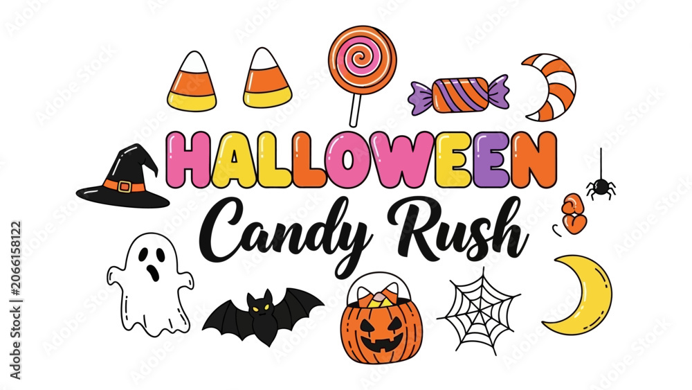 Fototapeta premium Halloween Candy Rush Graphic Elements: A whimsical collection of Halloween-themed illustrations, featuring candy, a witch hat, a ghost, a bat, pumpkins, and spooky decorations.